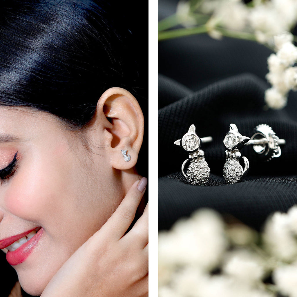 Certified Diamond Cat Kitty Earrings