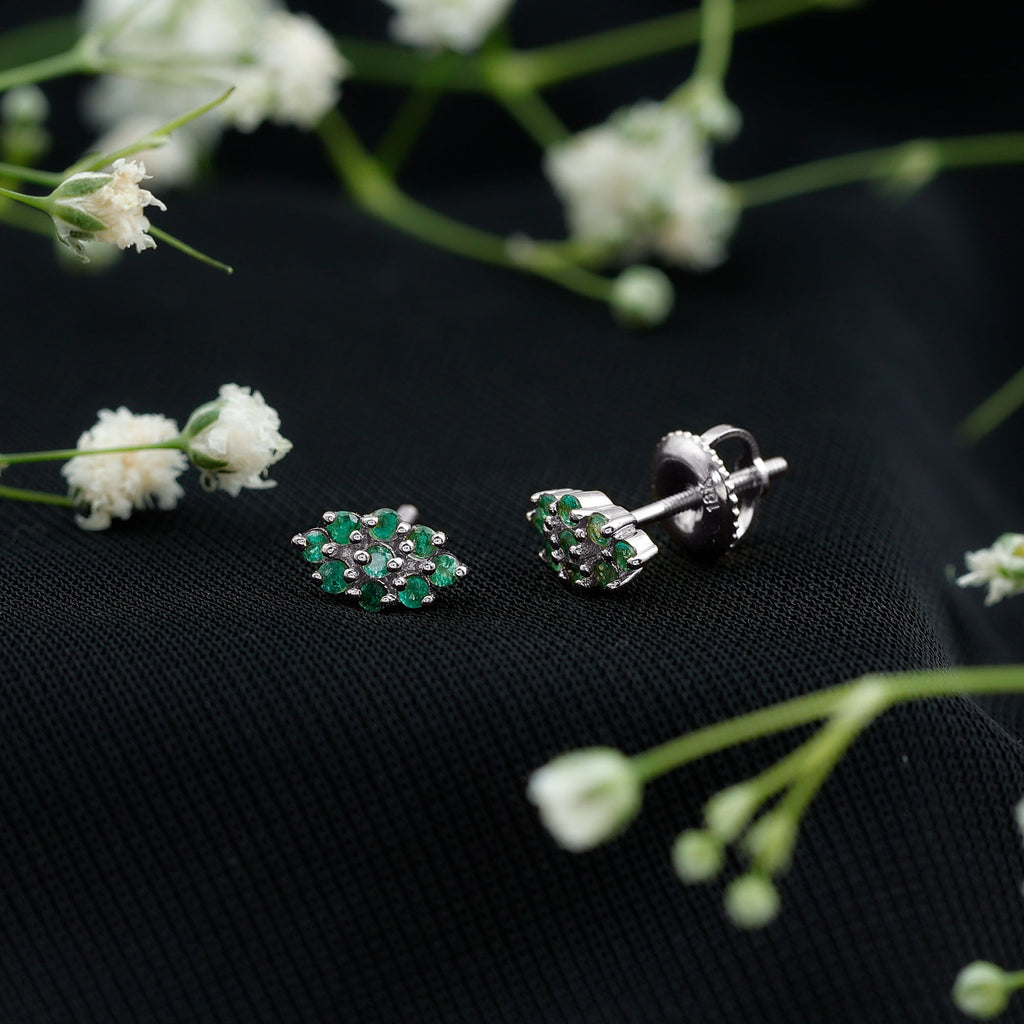 Natural Round Emerald Cluster Stud Earrings With Screw Back