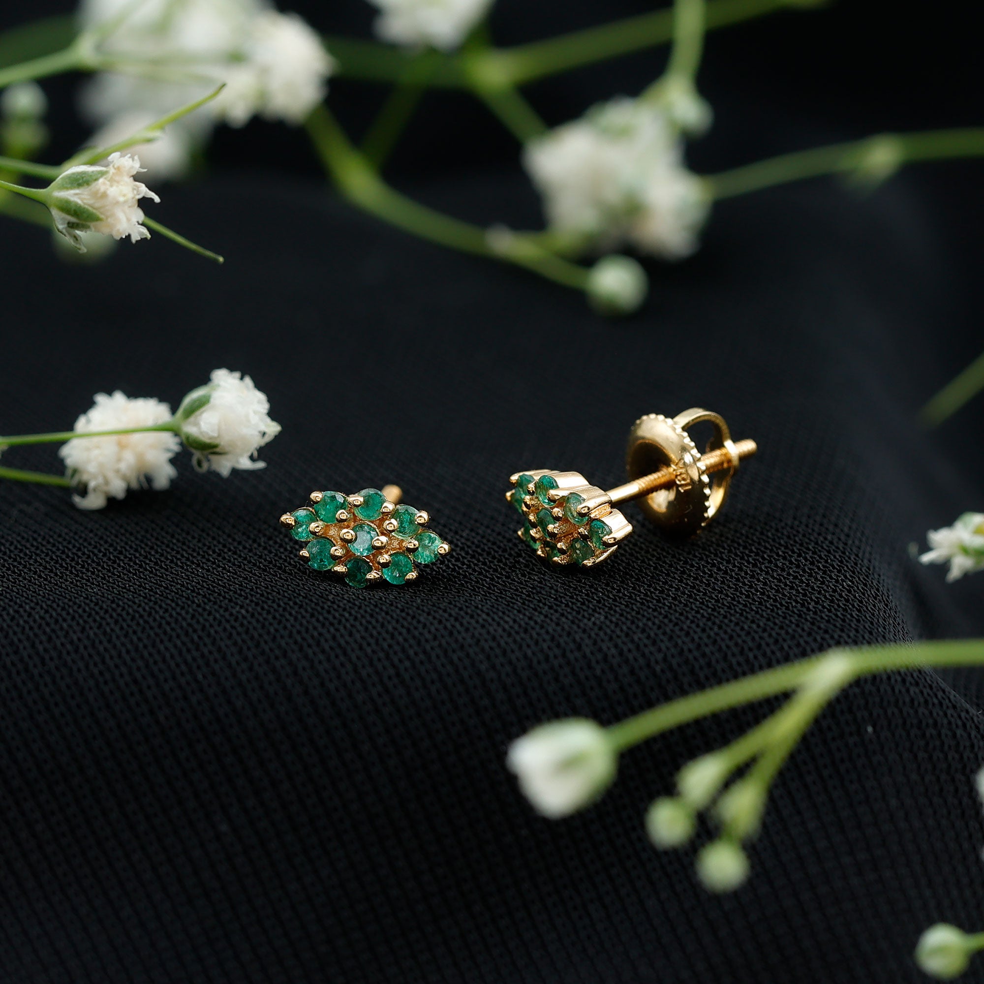 Natural Round Emerald Cluster Stud Earrings With Screw Back