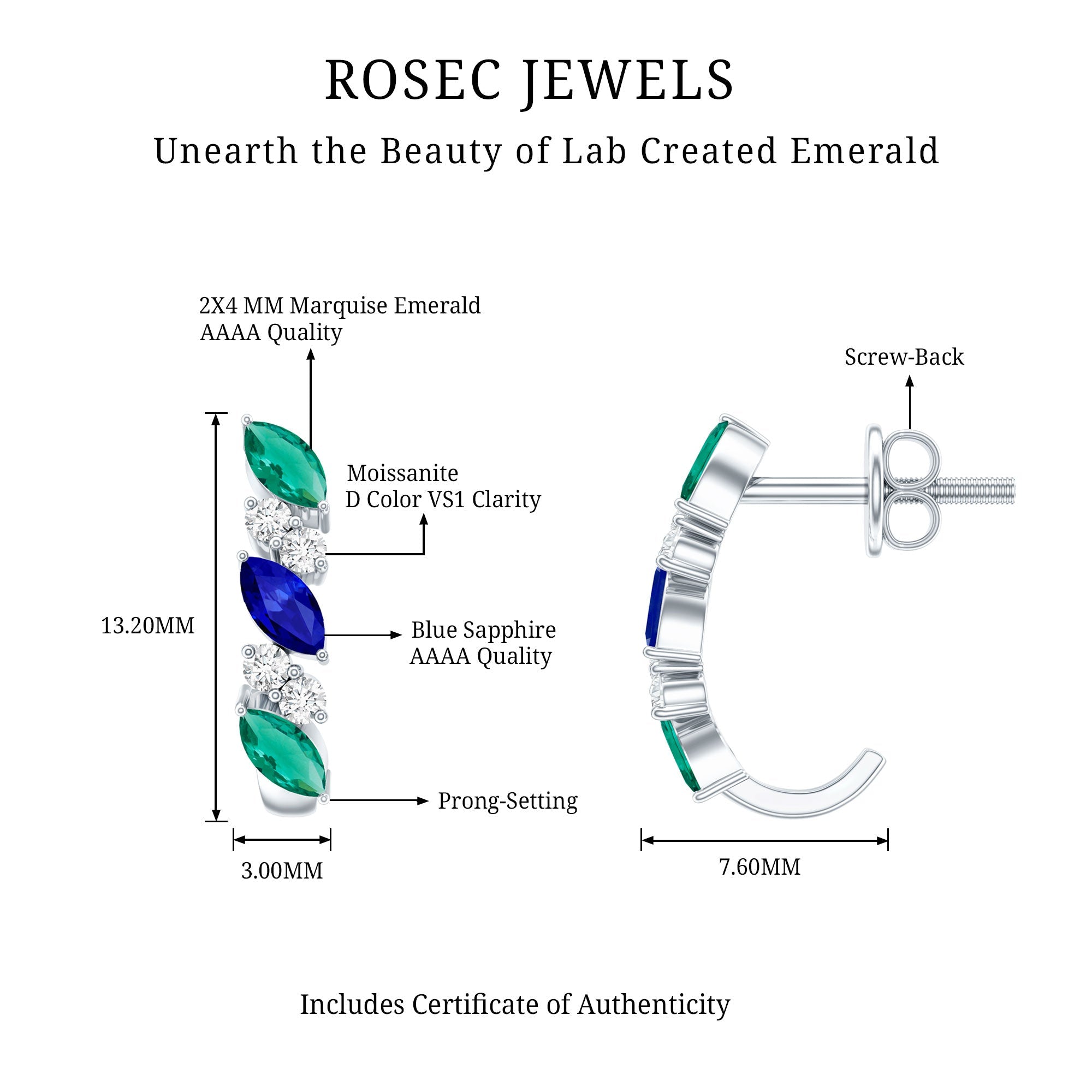 Marquise Cut Lab Created Blue Sapphire and Emerald Hoop Earrings with Moissanite