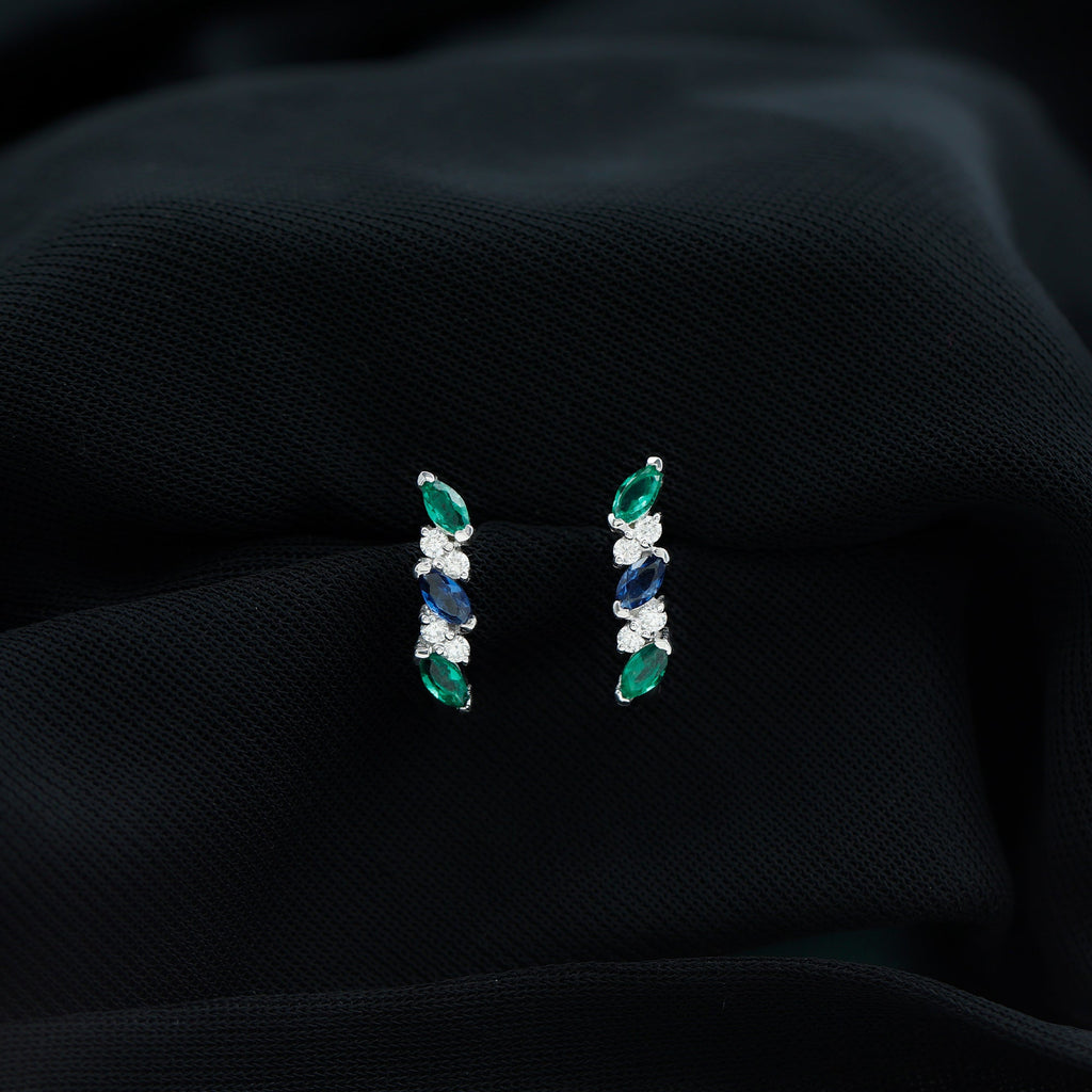 Marquise Cut Lab Created Blue Sapphire and Emerald Hoop Earrings with Moissanite