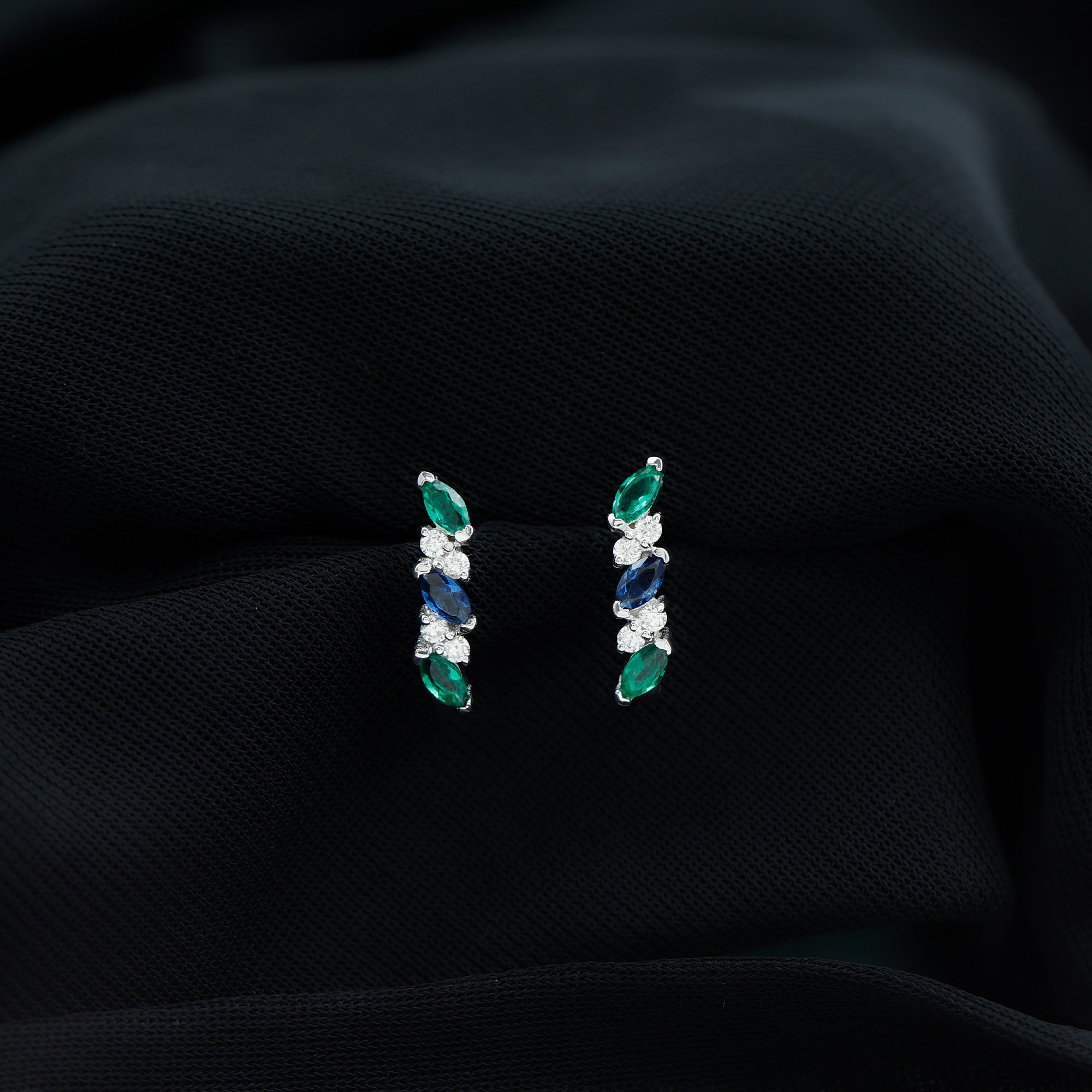 Marquise Cut Lab Created Blue Sapphire and Emerald Hoop Earrings with Moissanite