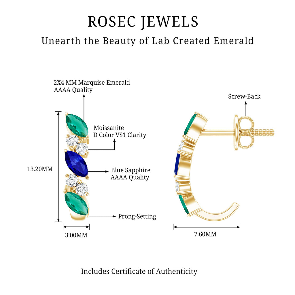 Marquise Cut Lab Created Blue Sapphire and Emerald Hoop Earrings with Moissanite