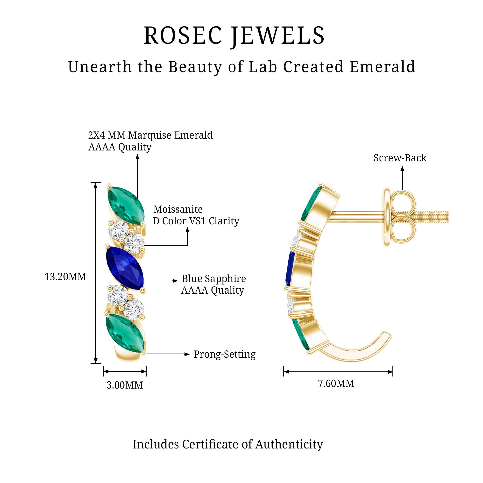 Marquise Cut Lab Created Blue Sapphire and Emerald Hoop Earrings with Moissanite