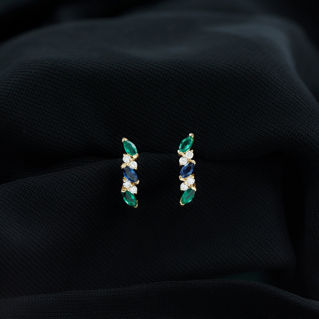 Marquise Cut Lab Created Blue Sapphire and Emerald Hoop Earrings with Moissanite