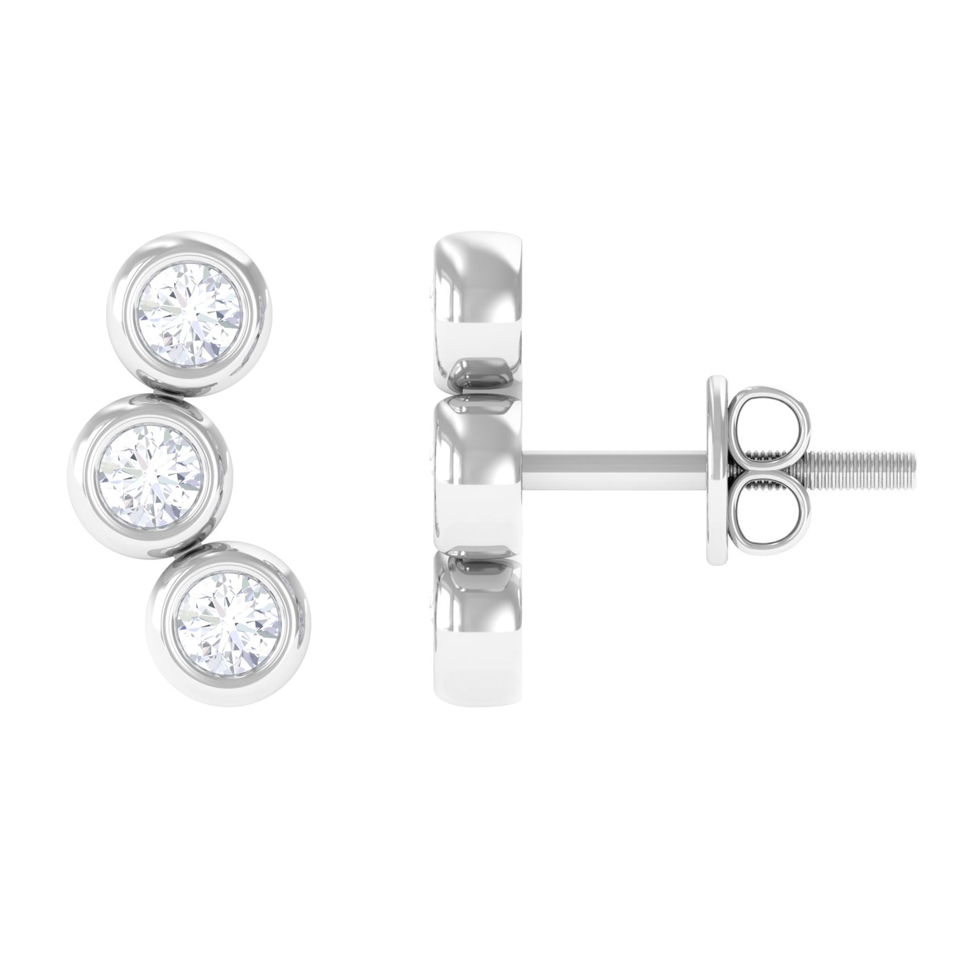 Bezel Set Round Moissanite Three Stone Stud Earrings