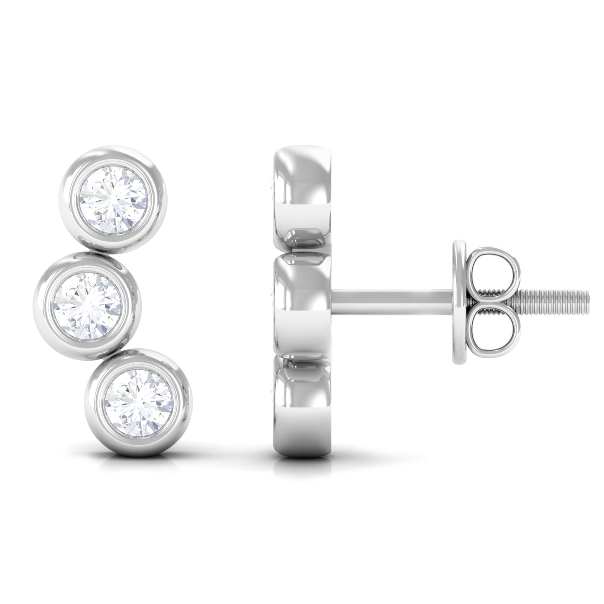 Bezel Set Round Moissanite Three Stone Stud Earrings