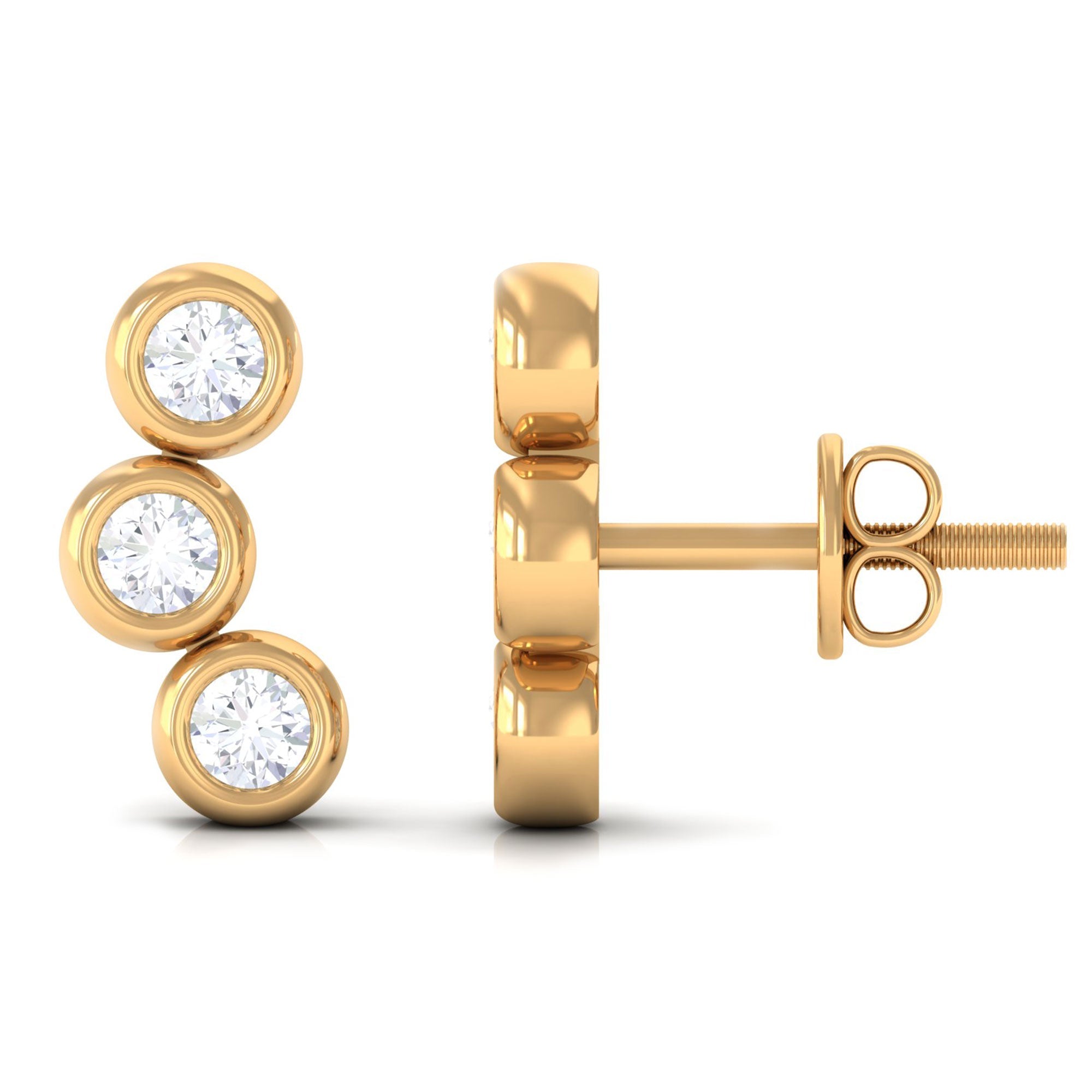 Bezel Set Round Moissanite Three Stone Stud Earrings