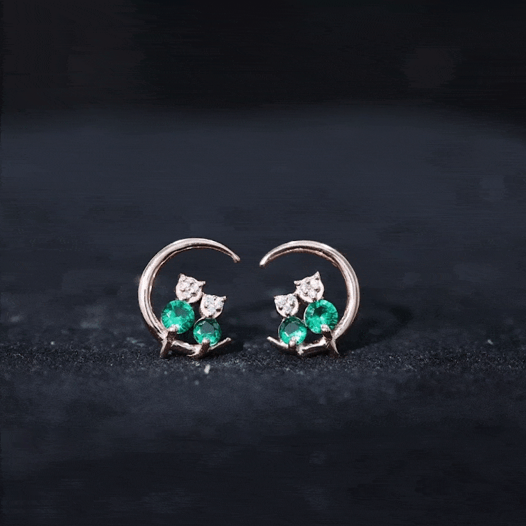 Lab Created Emerald Cat and Moon Stud Earrings