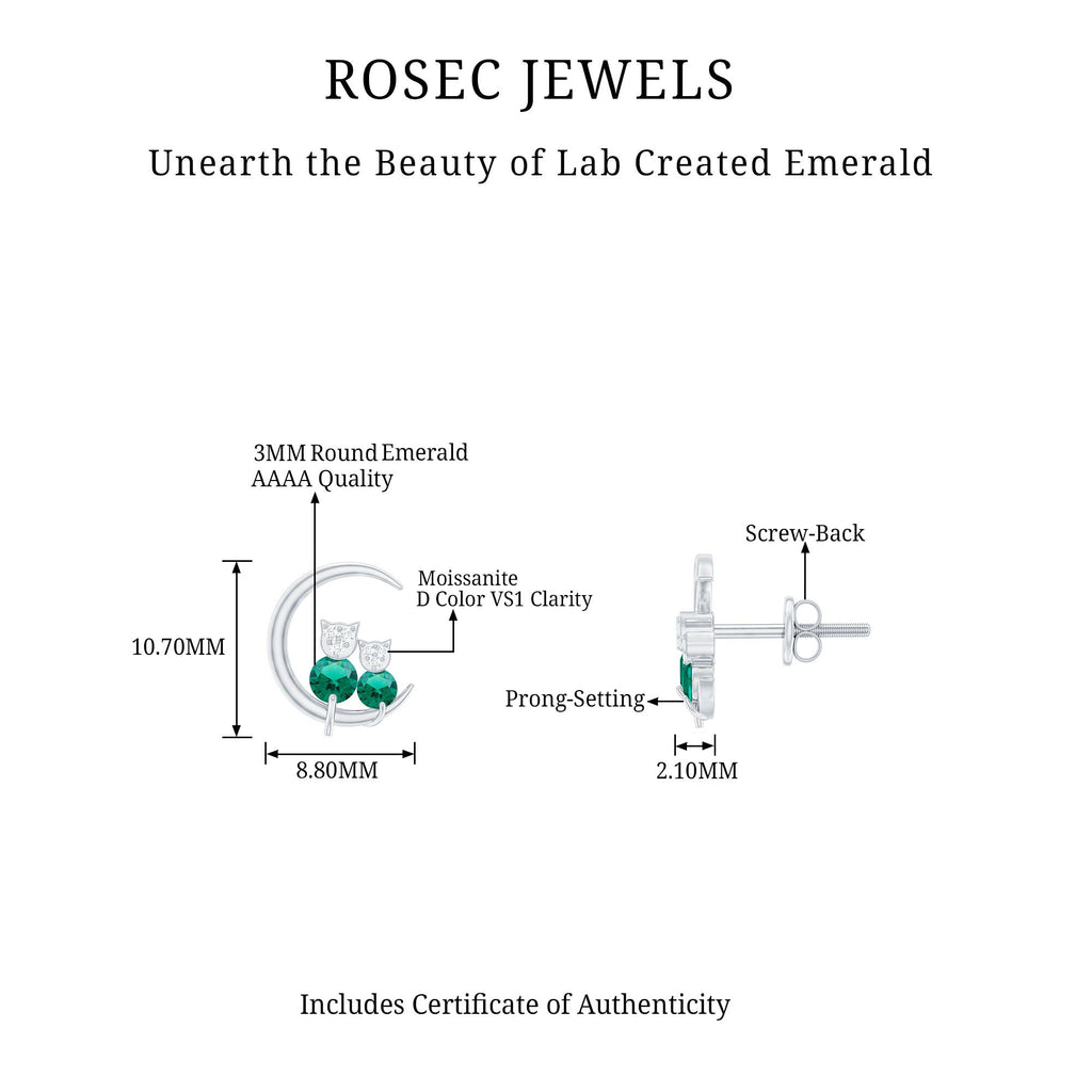 Lab Created Emerald Cat and Moon Stud Earrings