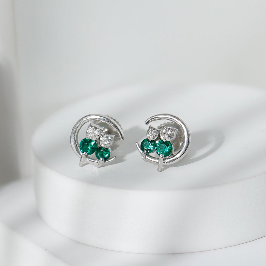 Lab Created Emerald Cat and Moon Stud Earrings
