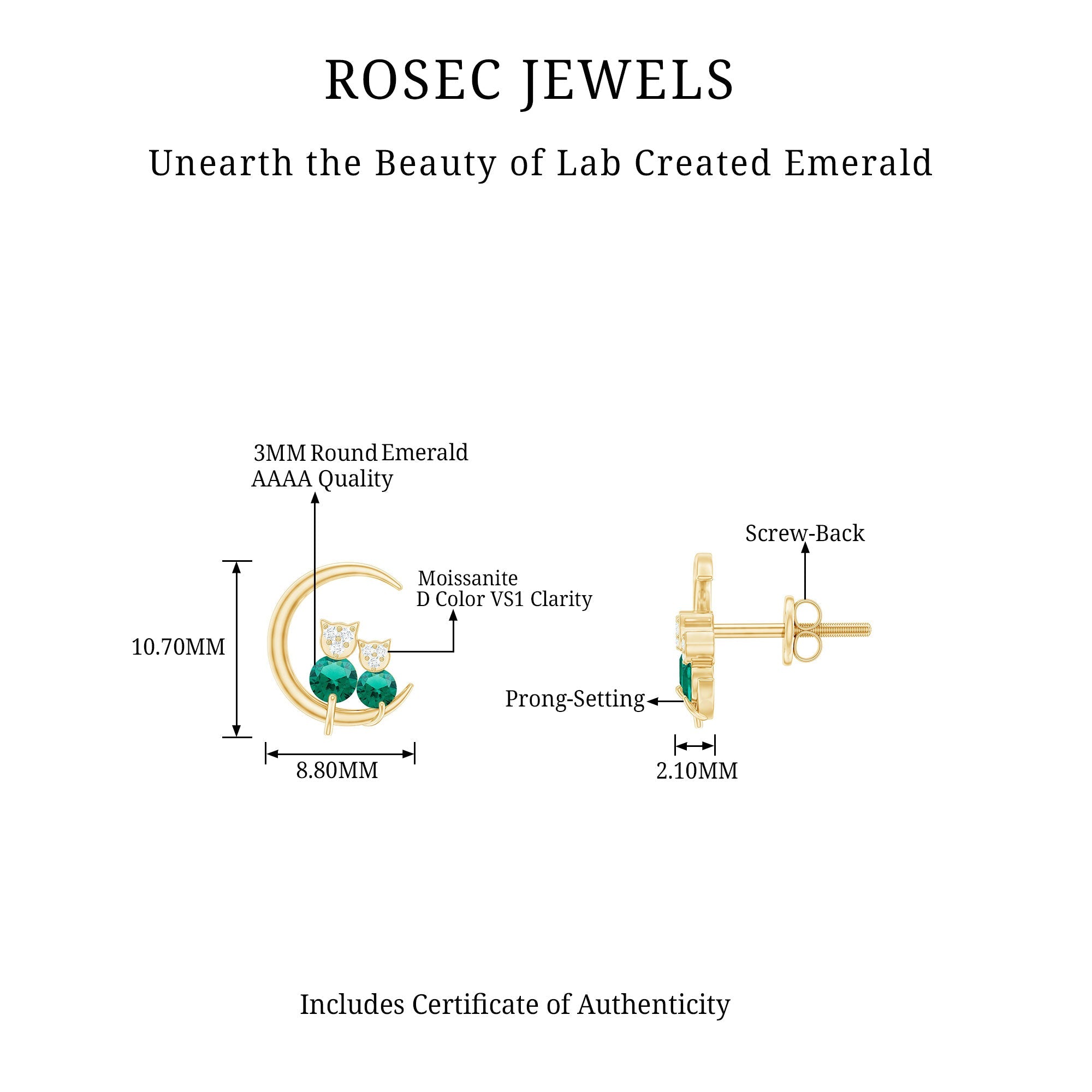 Lab Created Emerald Cat and Moon Stud Earrings