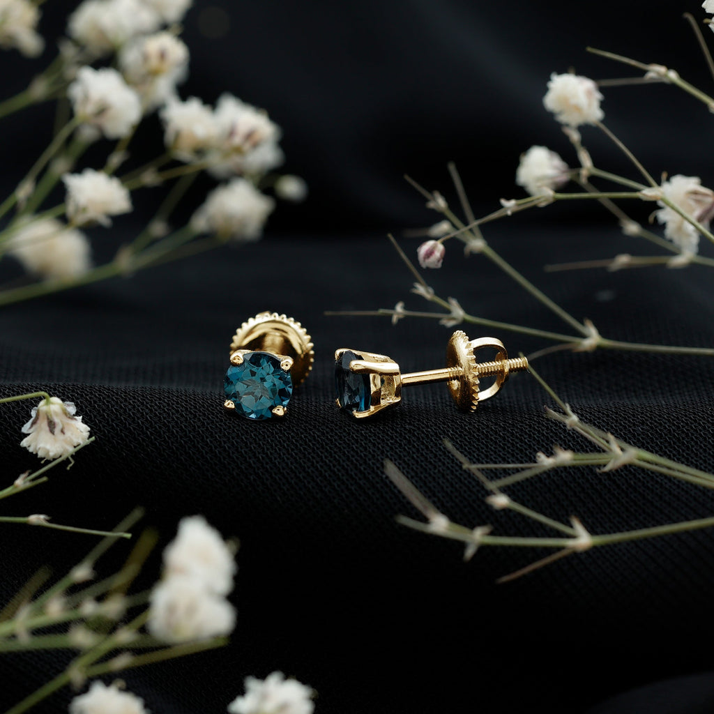 Genuine London Blue Topaz Solitaire Stud Earrings in Prong Setting