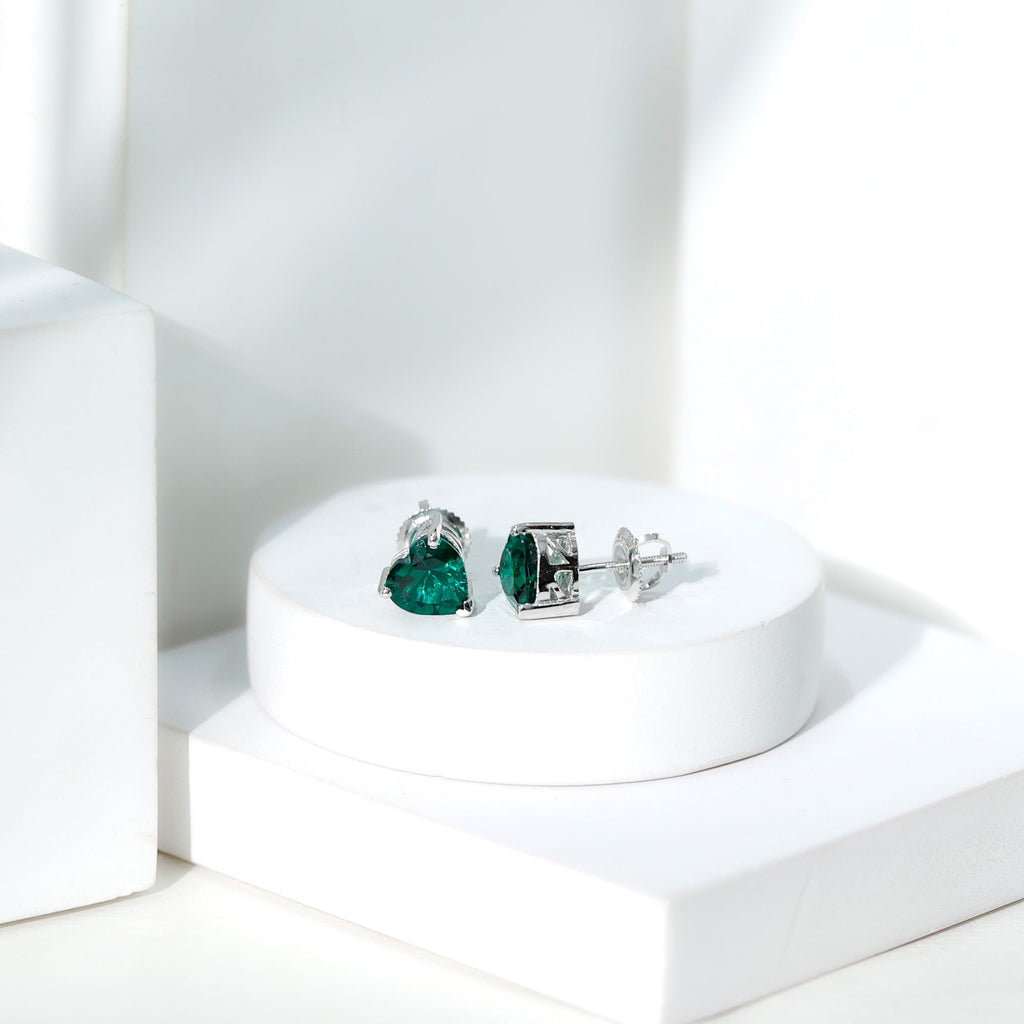 7MM Heart Shape Lab Created Emerald Solitaire Stud Earrings