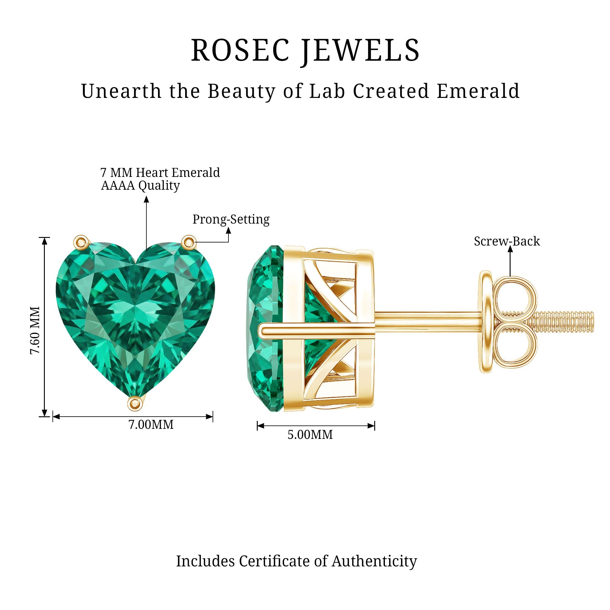 7MM Heart Shape Lab Created Emerald Solitaire Stud Earrings