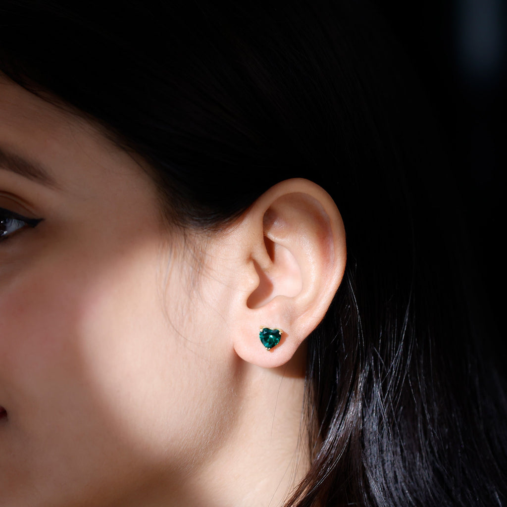 7MM Heart Shape Lab Created Emerald Solitaire Stud Earrings