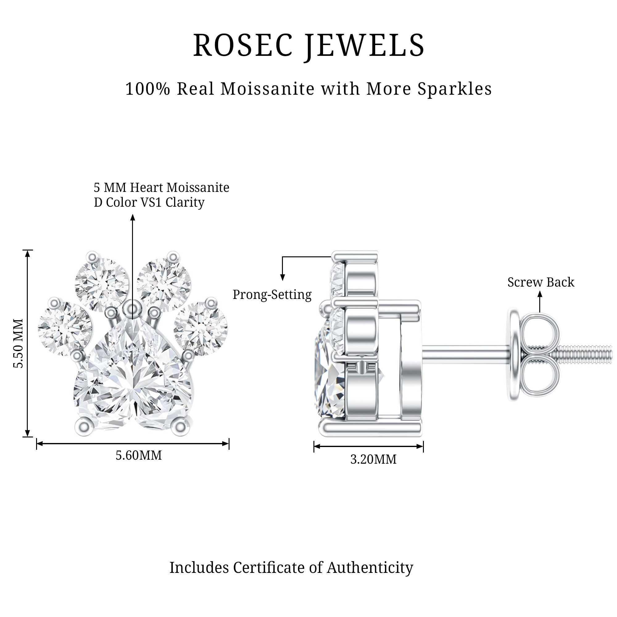 Heart and Round Shape Moissanite Paw Stud Earrings
