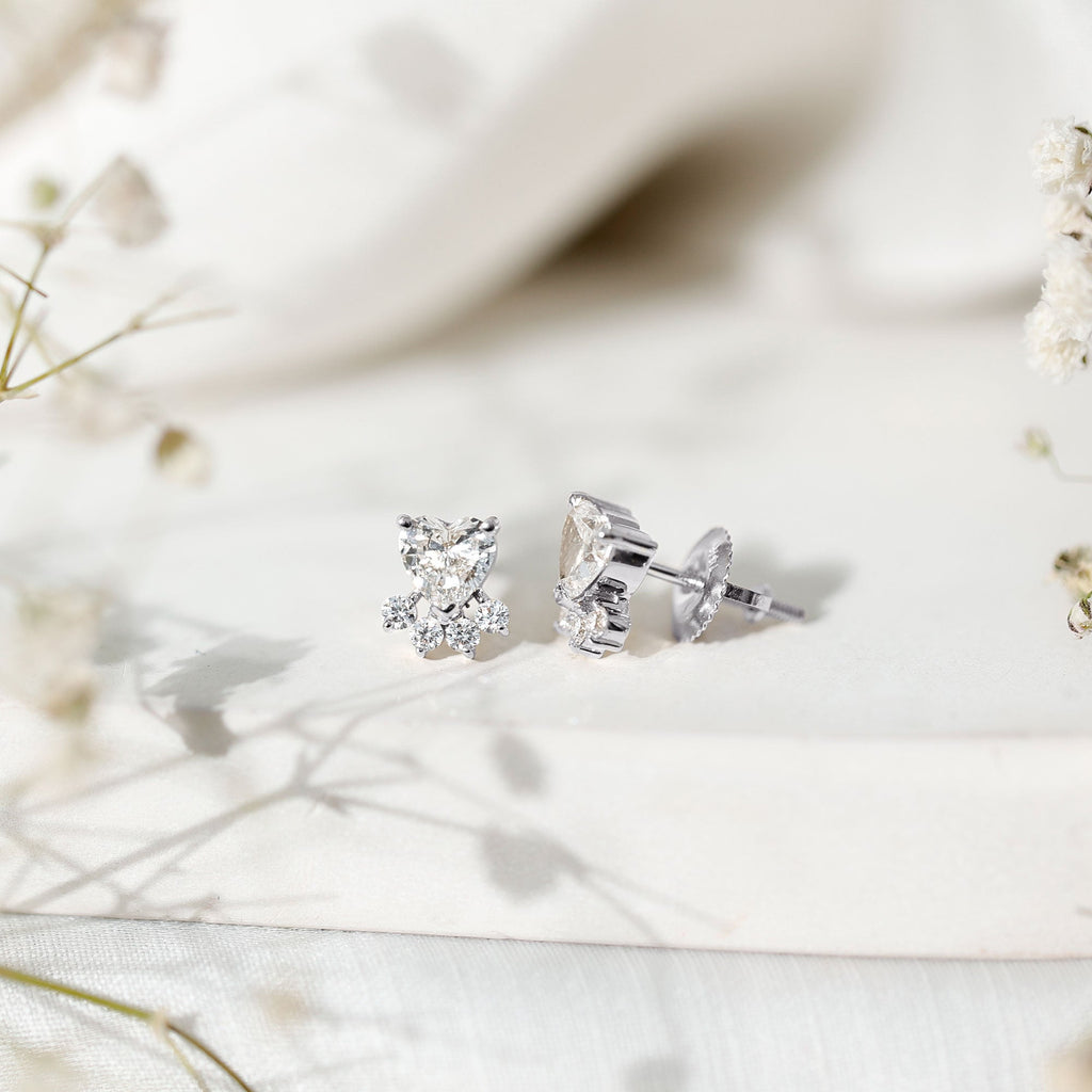 Heart and Round Shape Moissanite Paw Stud Earrings
