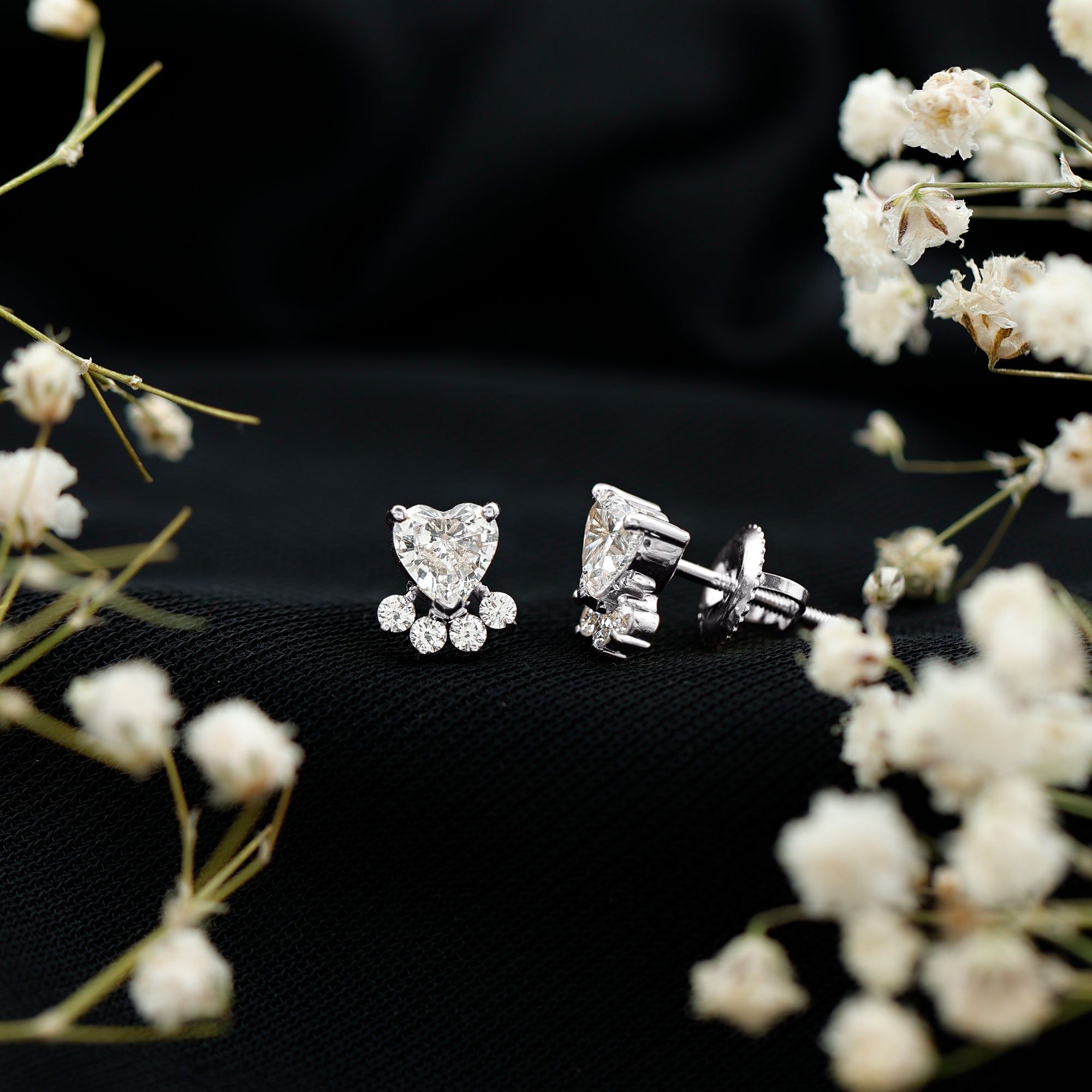 Heart and Round Shape Moissanite Paw Stud Earrings