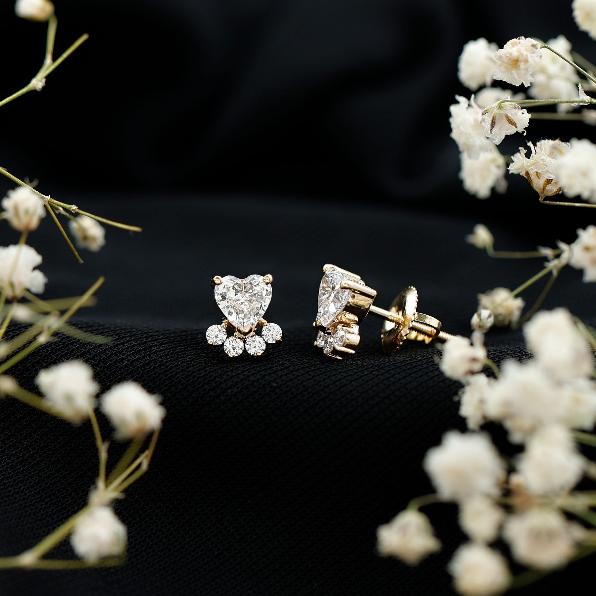 Heart and Round Shape Moissanite Paw Stud Earrings