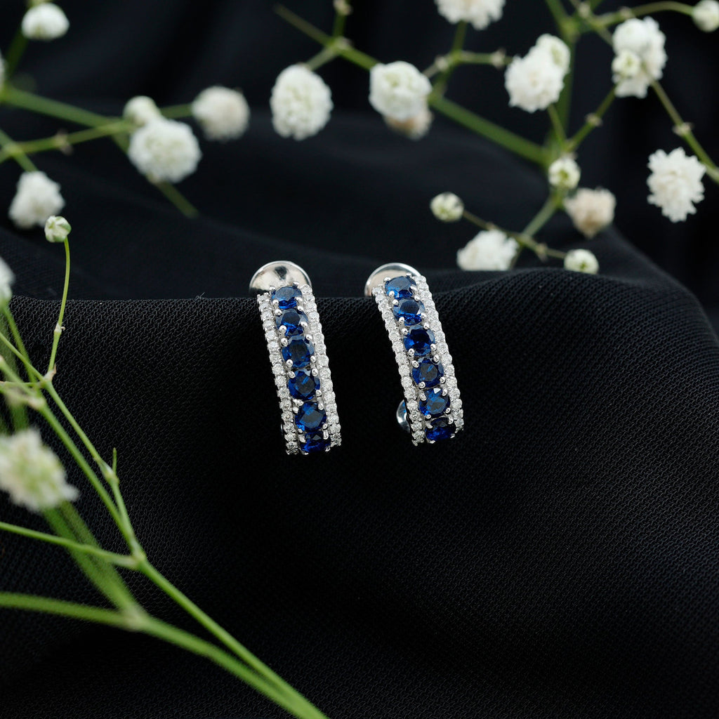 Certified Lab Created Blue Sapphire Hoop Earrings With Diamond