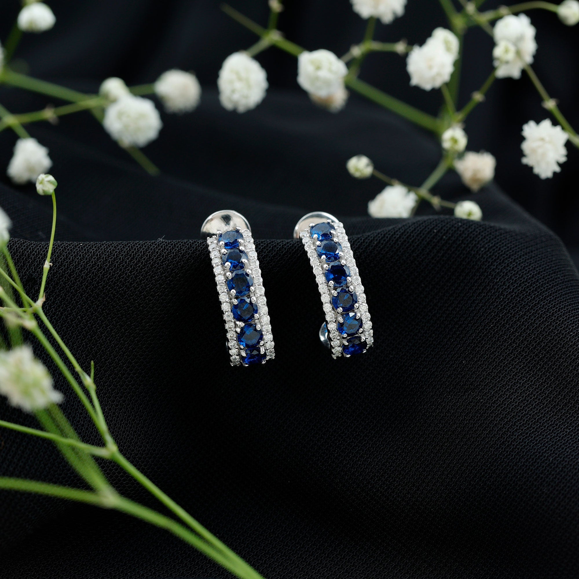 Certified Lab Created Blue Sapphire Hoop Earrings With Diamond