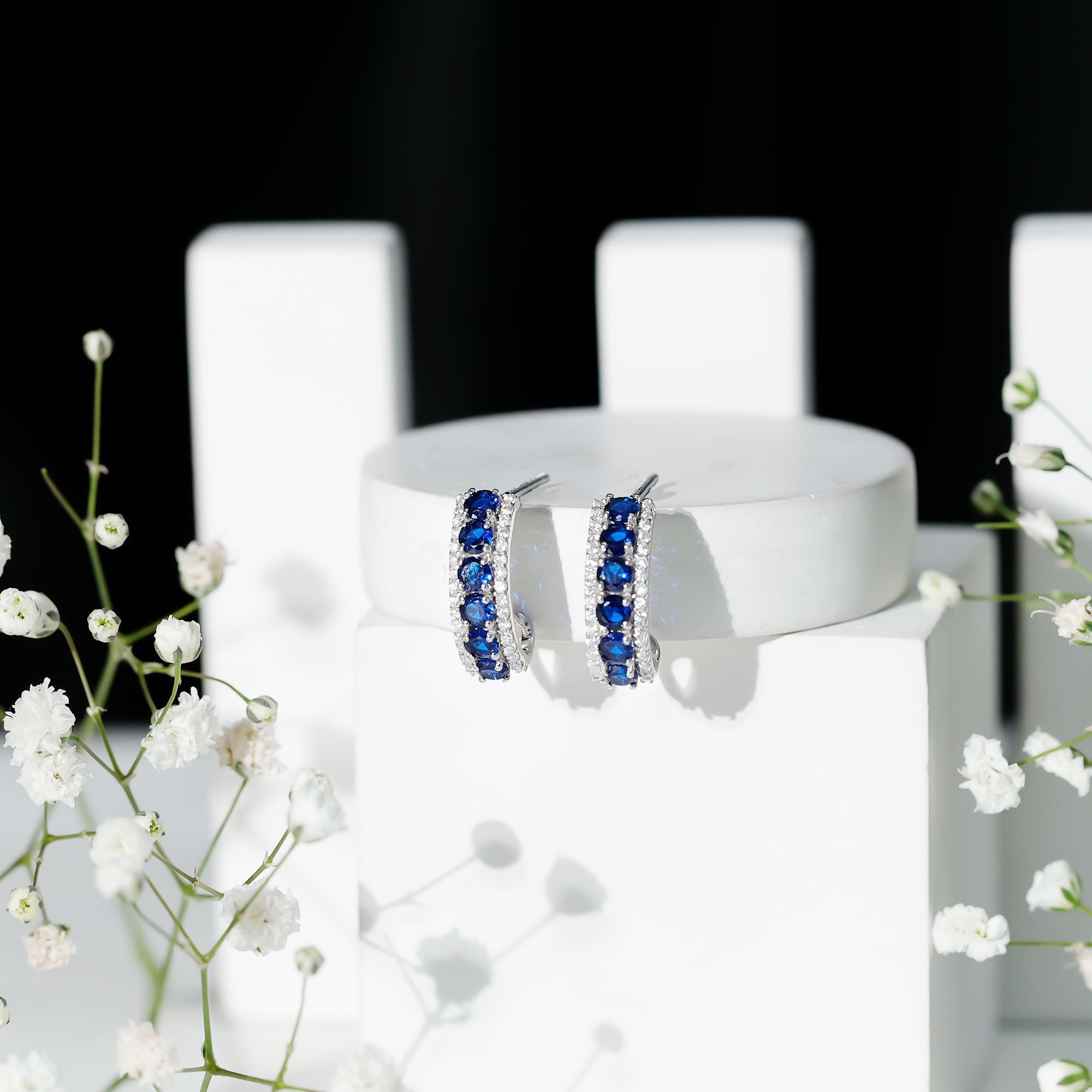 Certified Lab Created Blue Sapphire Hoop Earrings With Diamond