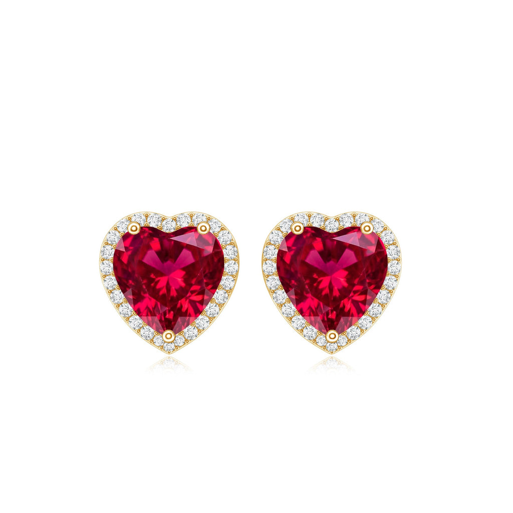 4 Carat Heart Shape Created Ruby Halo Stud Earrings with Diamond