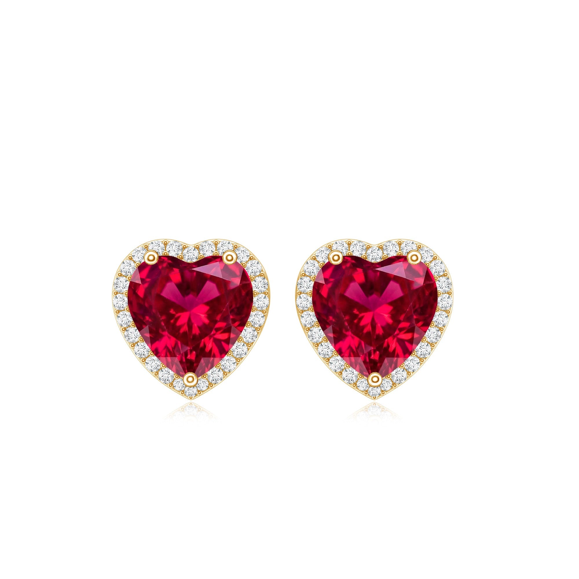 4 Carat Heart Shape Created Ruby Halo Stud Earrings with Diamond