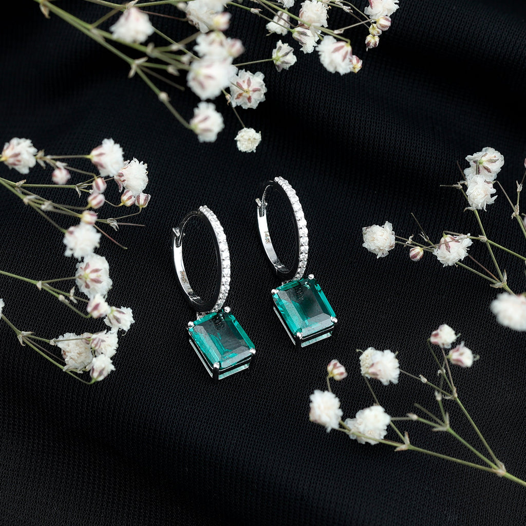 Certified Lab Created Emerald Hoop Drop Earrings For Women
