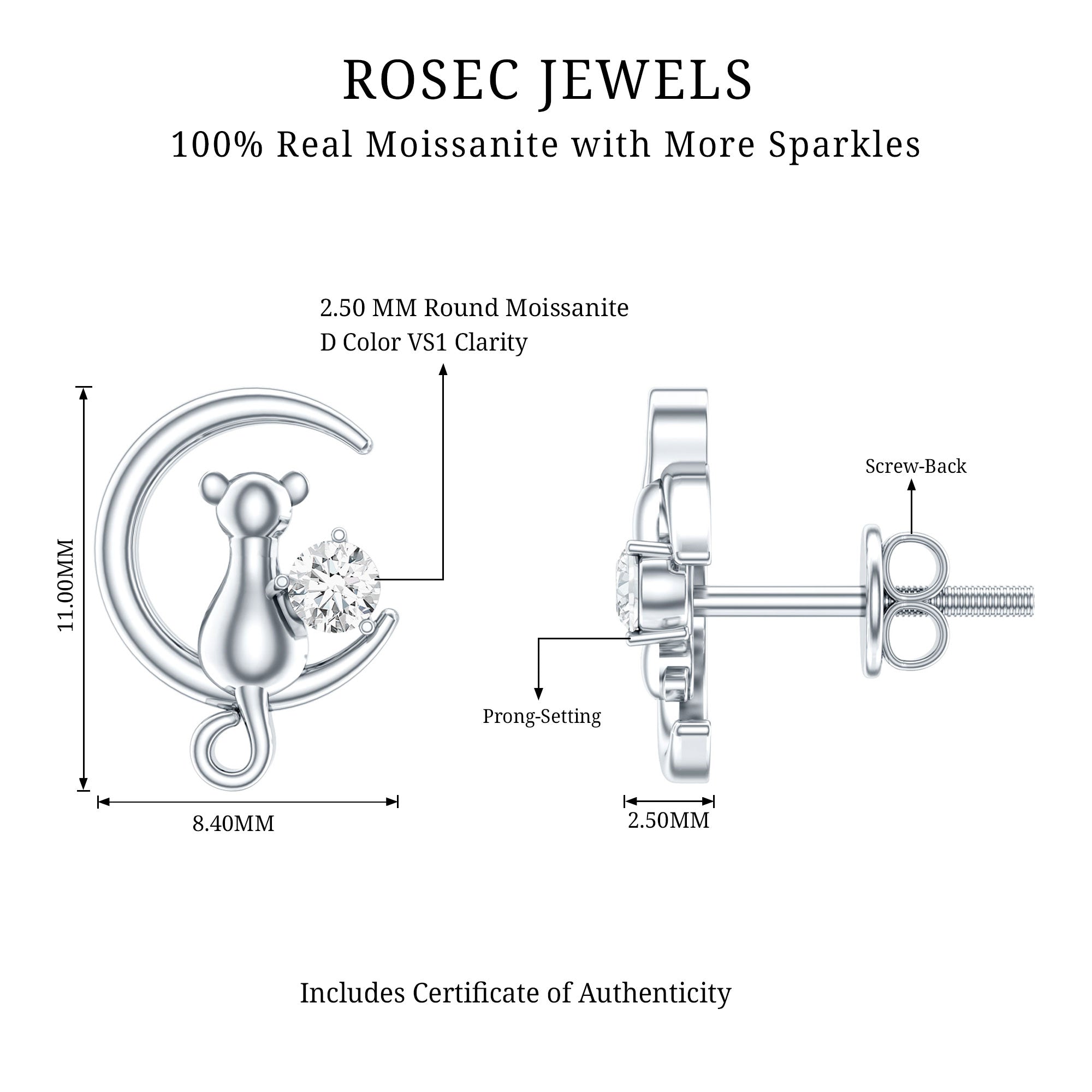 Certified Cat Moon Earrings with Moissanite