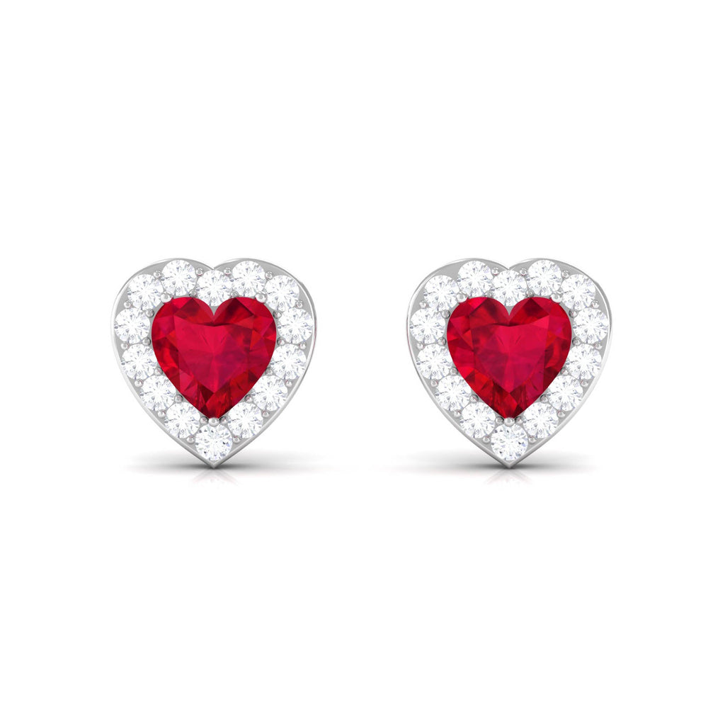 Heart Shape Lab Grown Ruby Halo Stud Earrings with Diamond