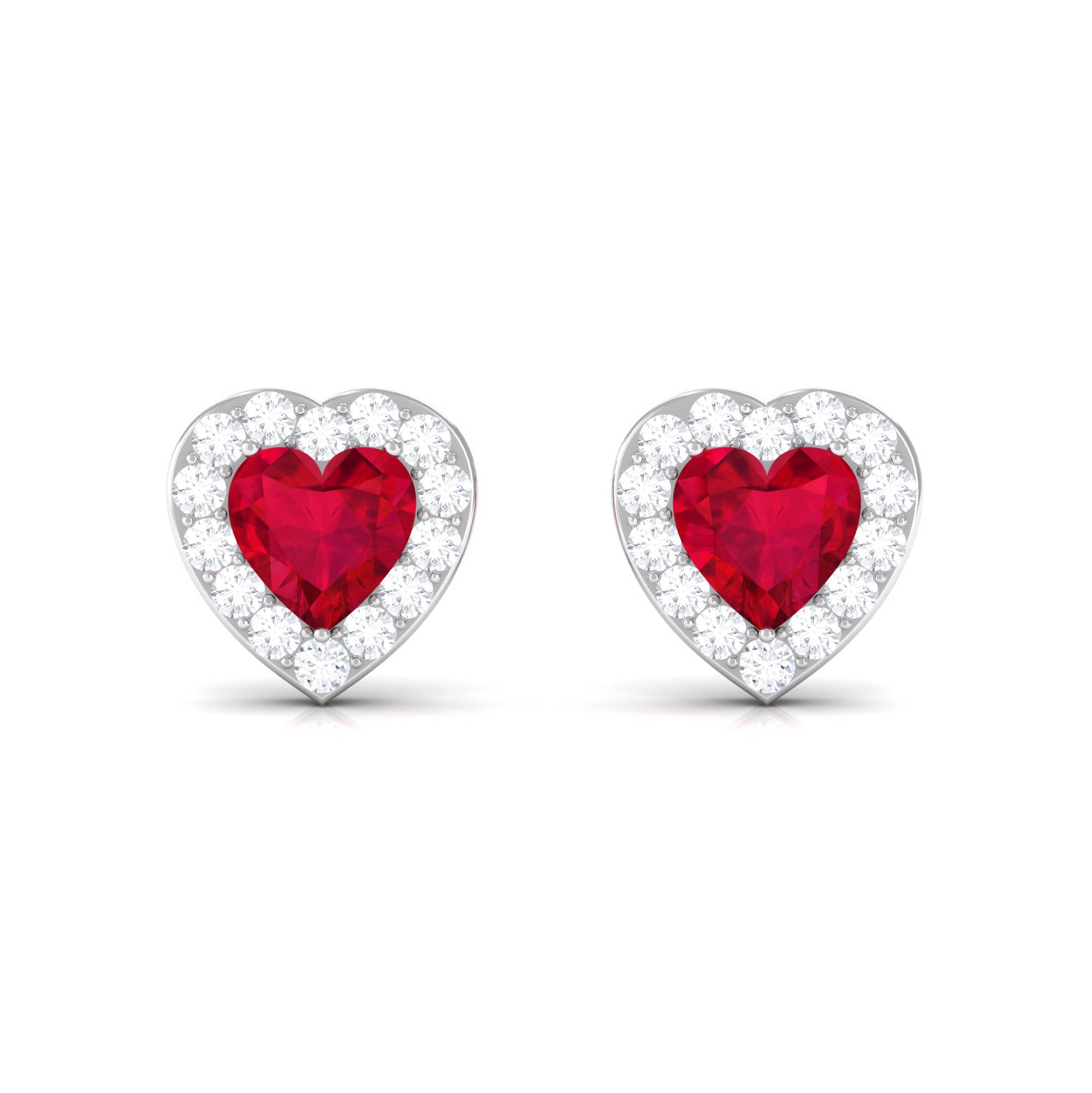 Heart Shape Lab Grown Ruby Halo Stud Earrings with Diamond