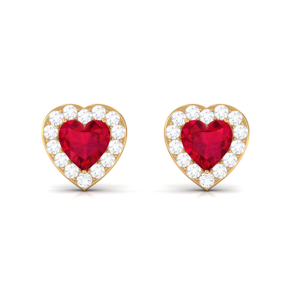 Heart Shape Lab Grown Ruby Halo Stud Earrings with Diamond