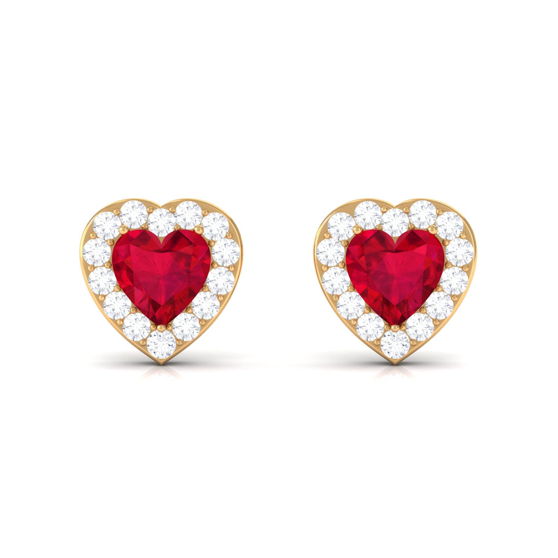Heart Shape Lab Grown Ruby Halo Stud Earrings with Diamond
