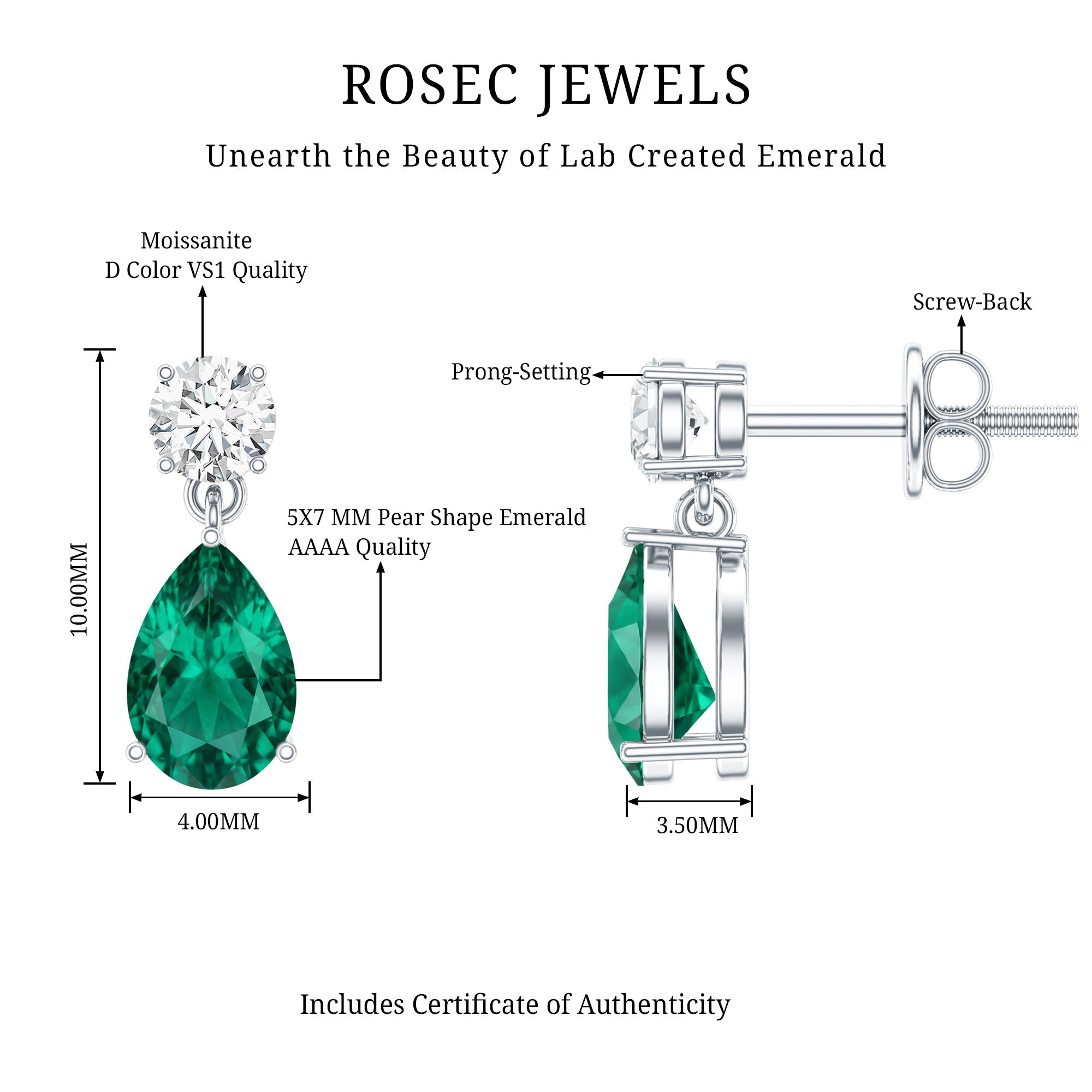 Pear Cut Lab Created Emerald and Moissanite Teardrop Earrings
