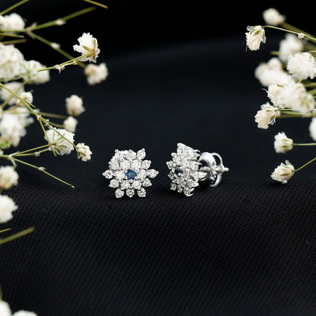 Created Blue Sapphire and Moissanite Cluster Statement Stud Earrings