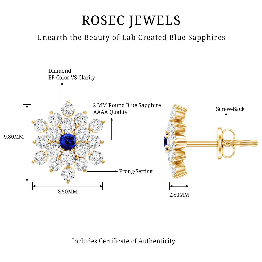Created Blue Sapphire and Moissanite Cluster Statement Stud Earrings