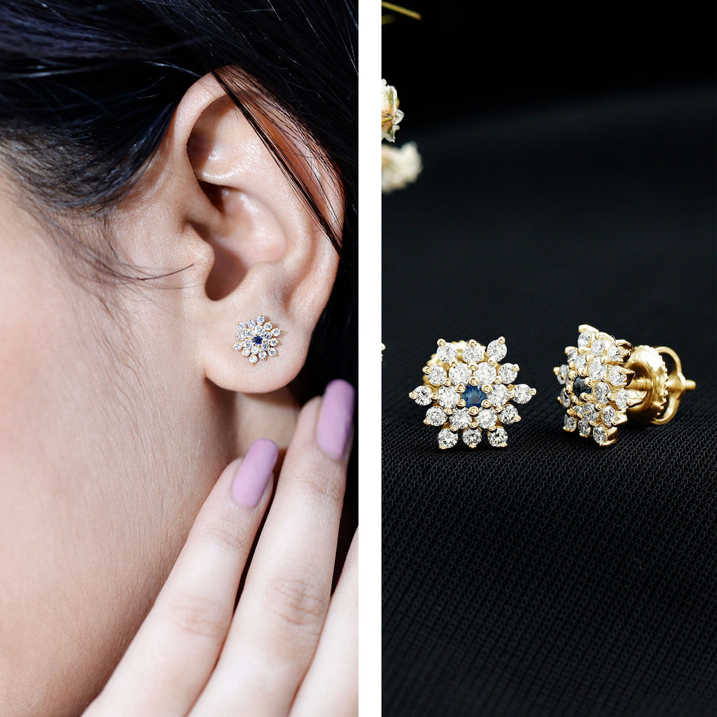 Created Blue Sapphire and Moissanite Cluster Statement Stud Earrings
