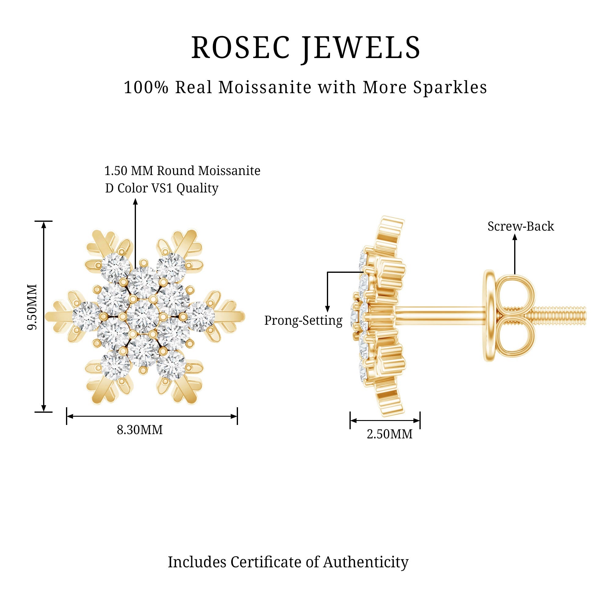 Certified Moissanite Snowflake Stud Earrings