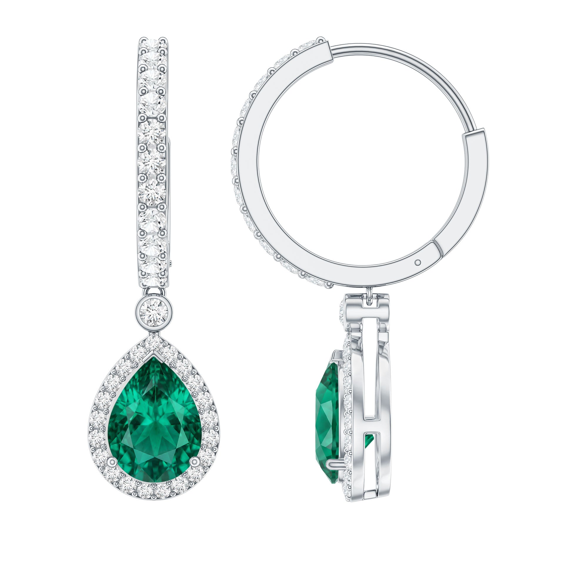 2 Carat Lab Created Emerald Teardrop Hoop Earrings with Moissanite