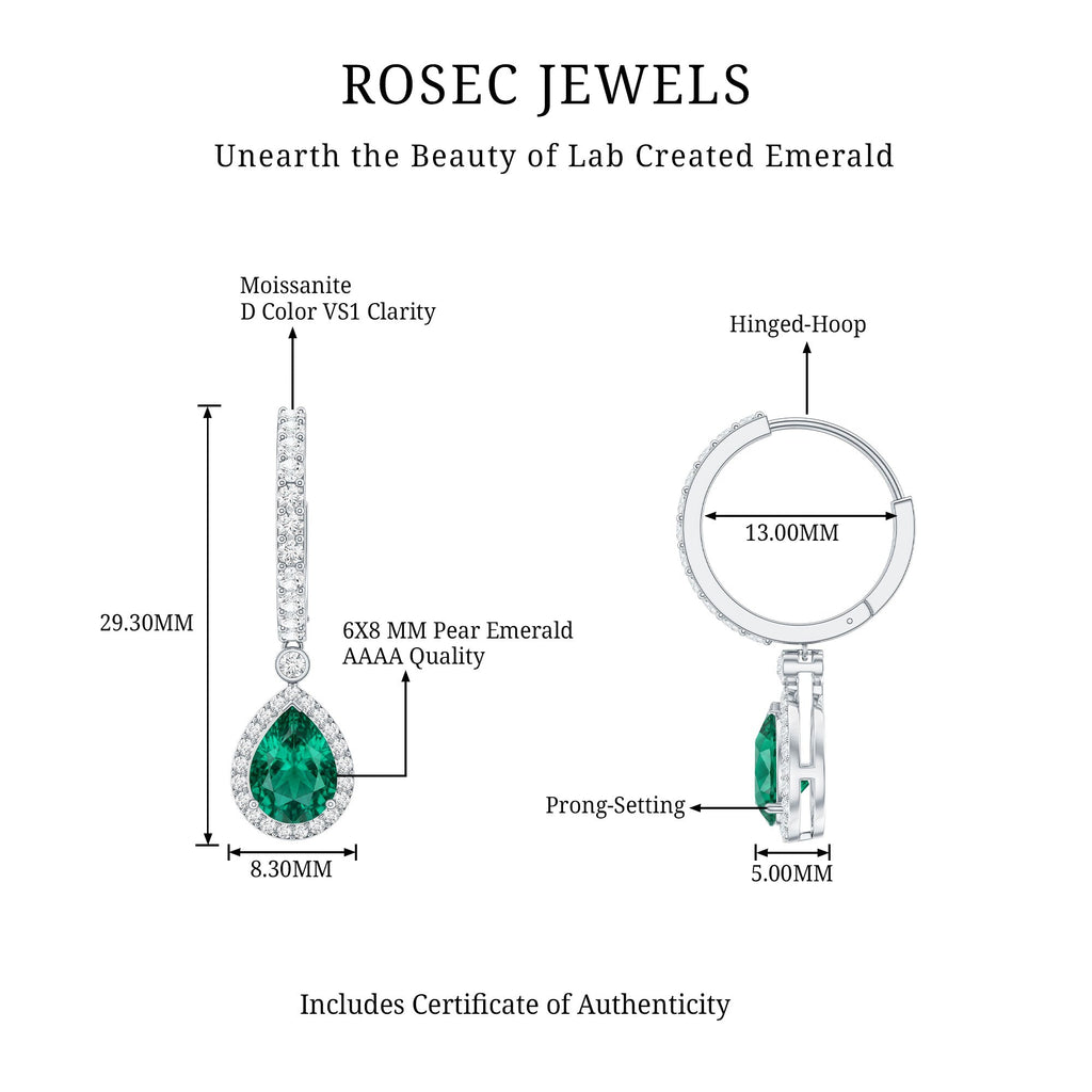 2 Carat Lab Created Emerald Teardrop Hoop Earrings with Moissanite