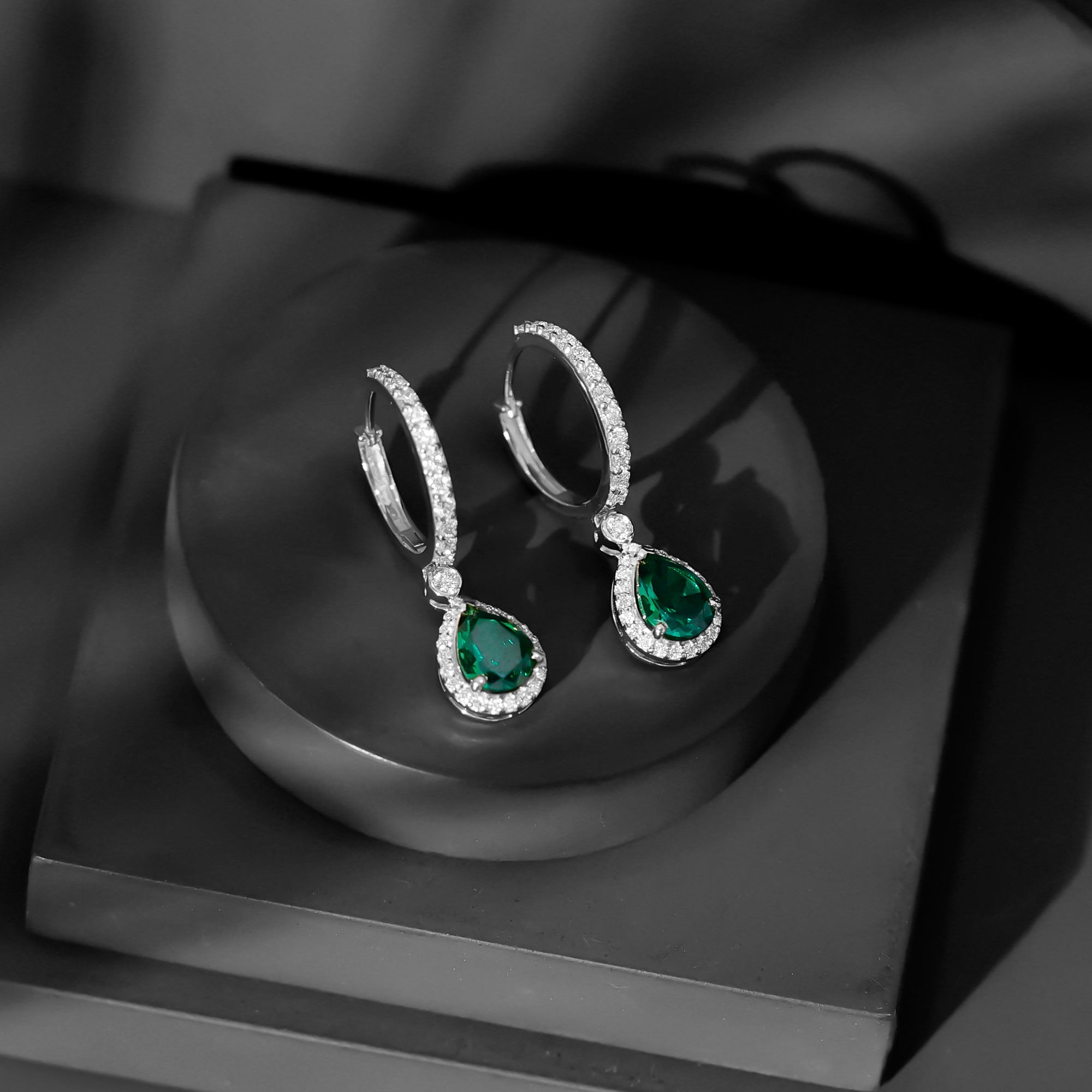 2 Carat Lab Created Emerald Teardrop Hoop Earrings with Moissanite