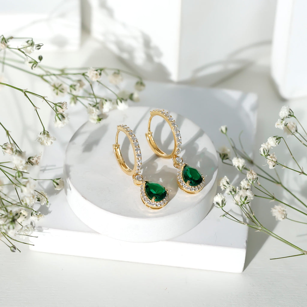 2 Carat Lab Created Emerald Teardrop Hoop Earrings with Moissanite
