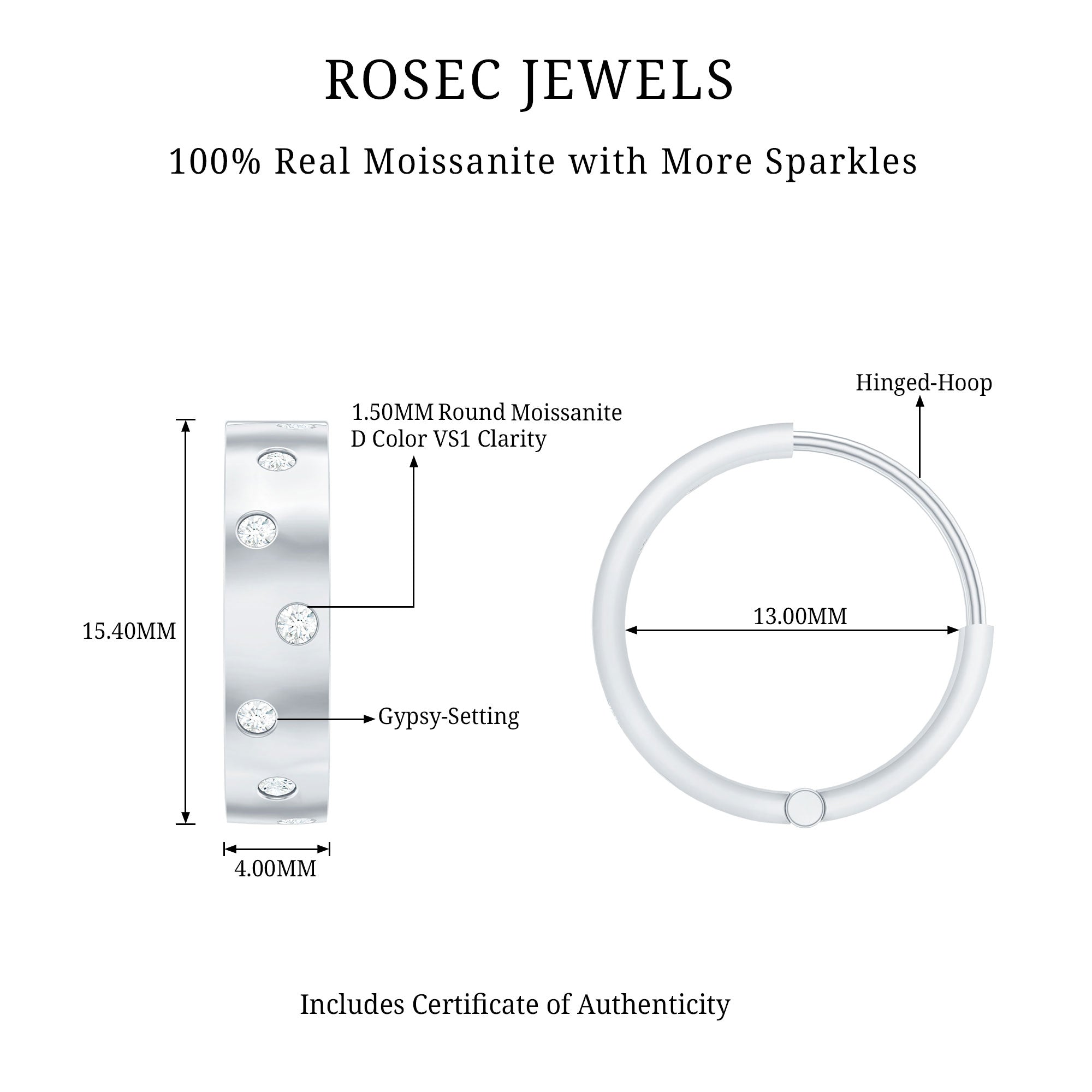 Certified Moissanite Hinged Hoop Earrings