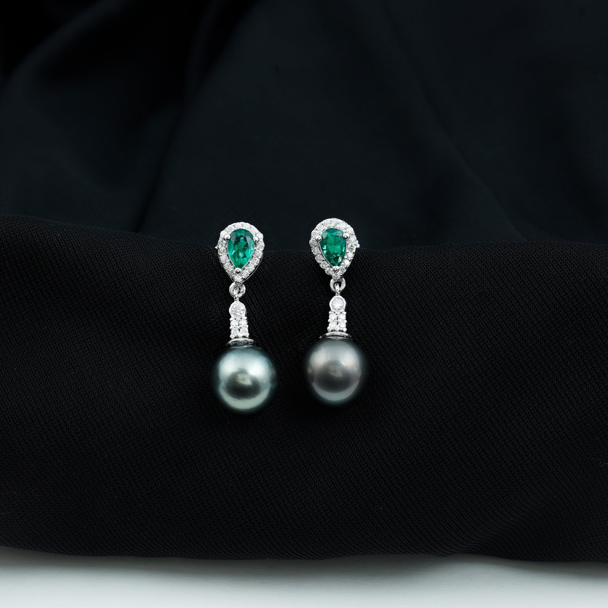 Vintage Looking 15 Carat Black Pearl Dangle Earrings with Lab Emerald and Diamond