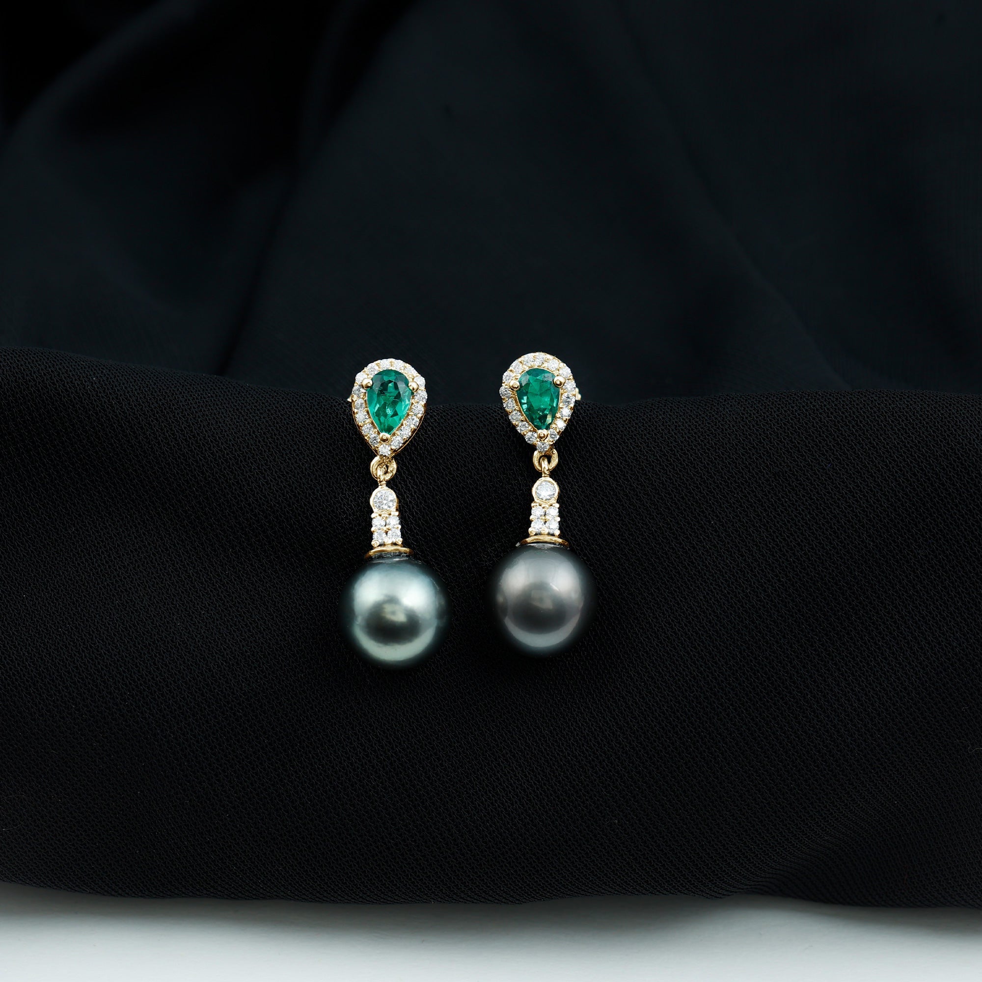 Vintage Looking 15 Carat Black Pearl Dangle Earrings with Lab Emerald and Diamond