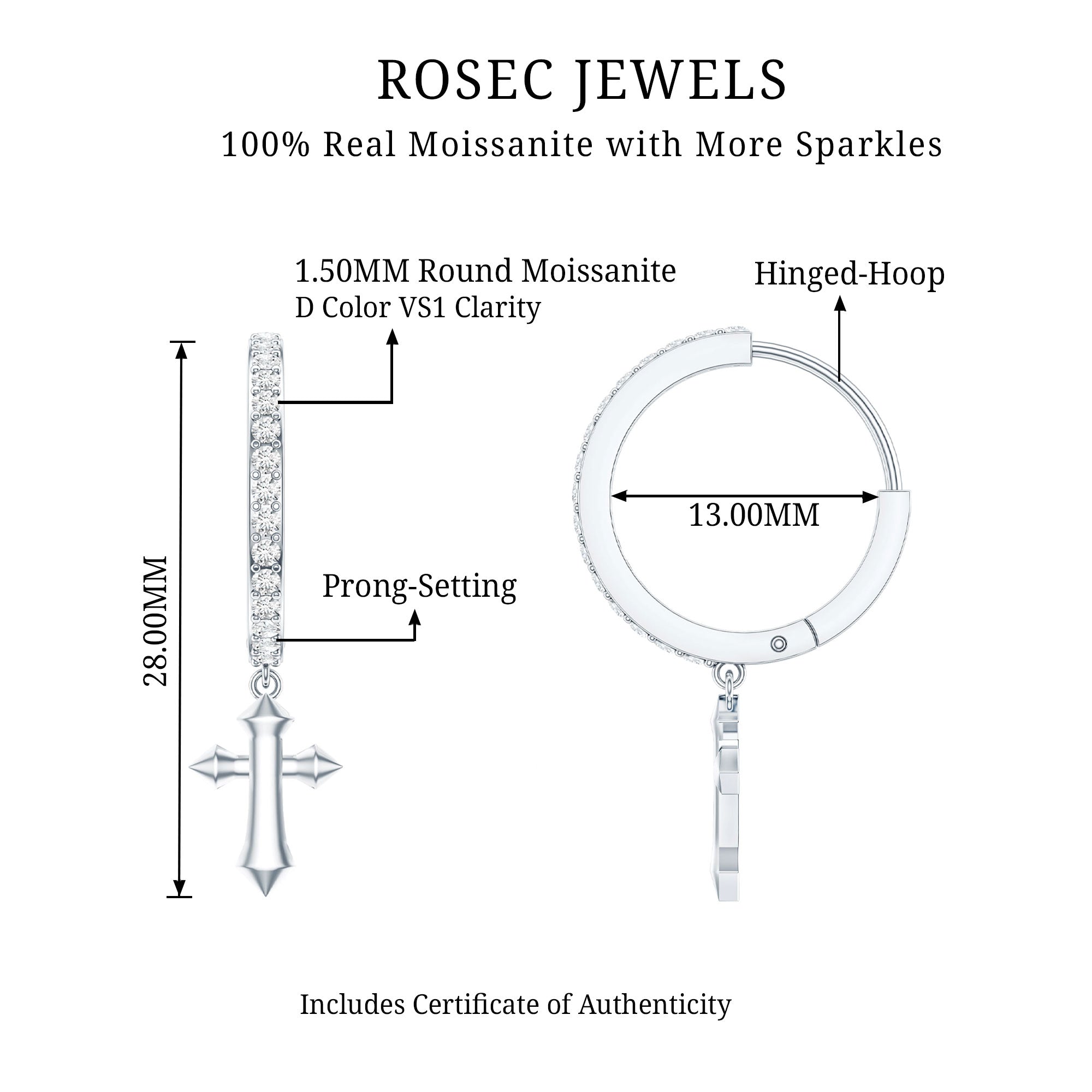 Certified Moissanite Cross Drop Earrings