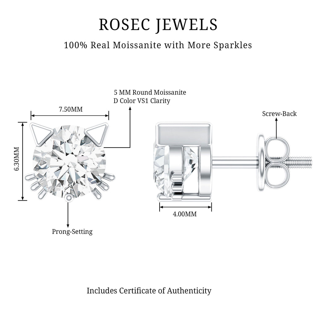 1 CT Solitaire Moissanite Cat Stud Earrings with Screw Back