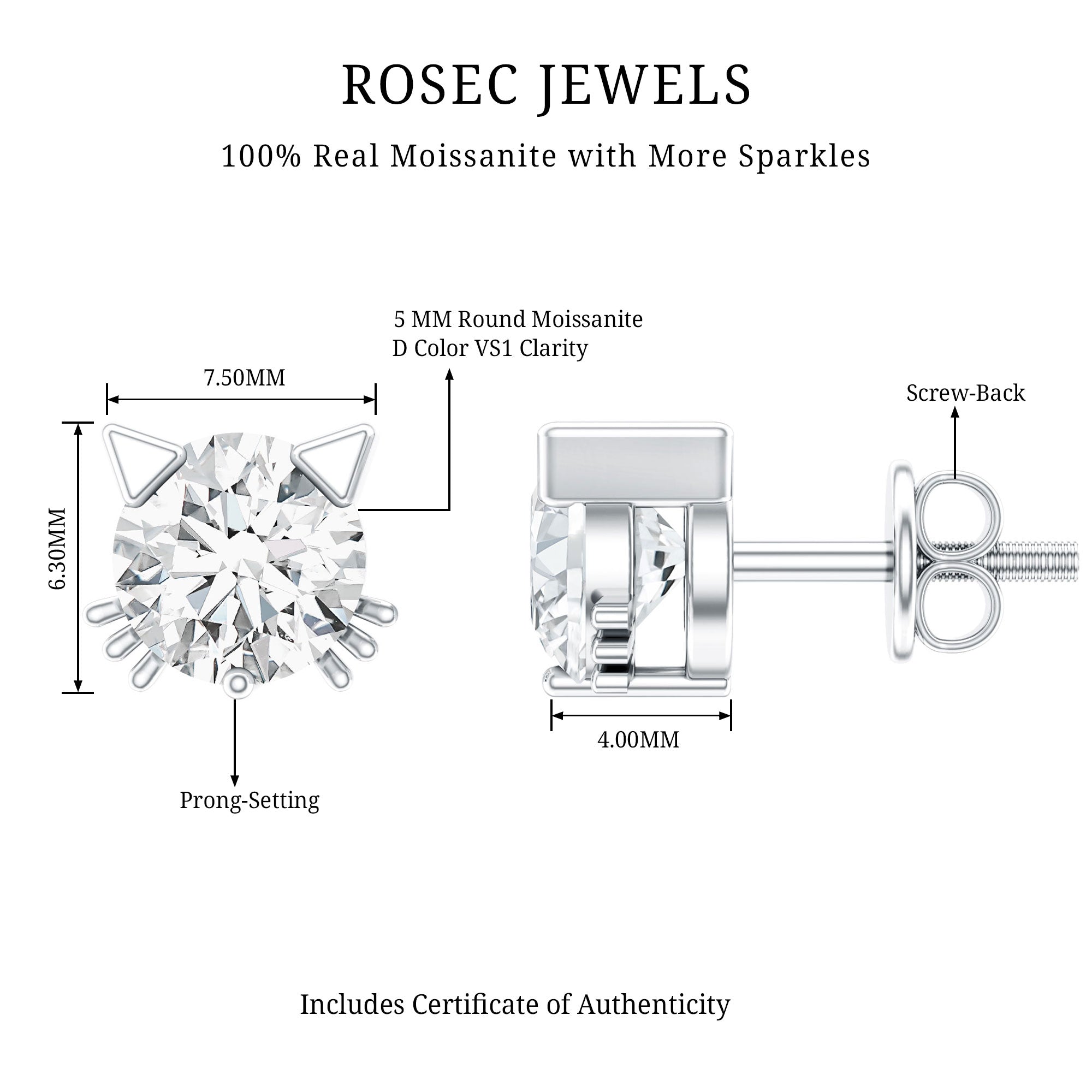 1 CT Solitaire Moissanite Cat Stud Earrings with Screw Back